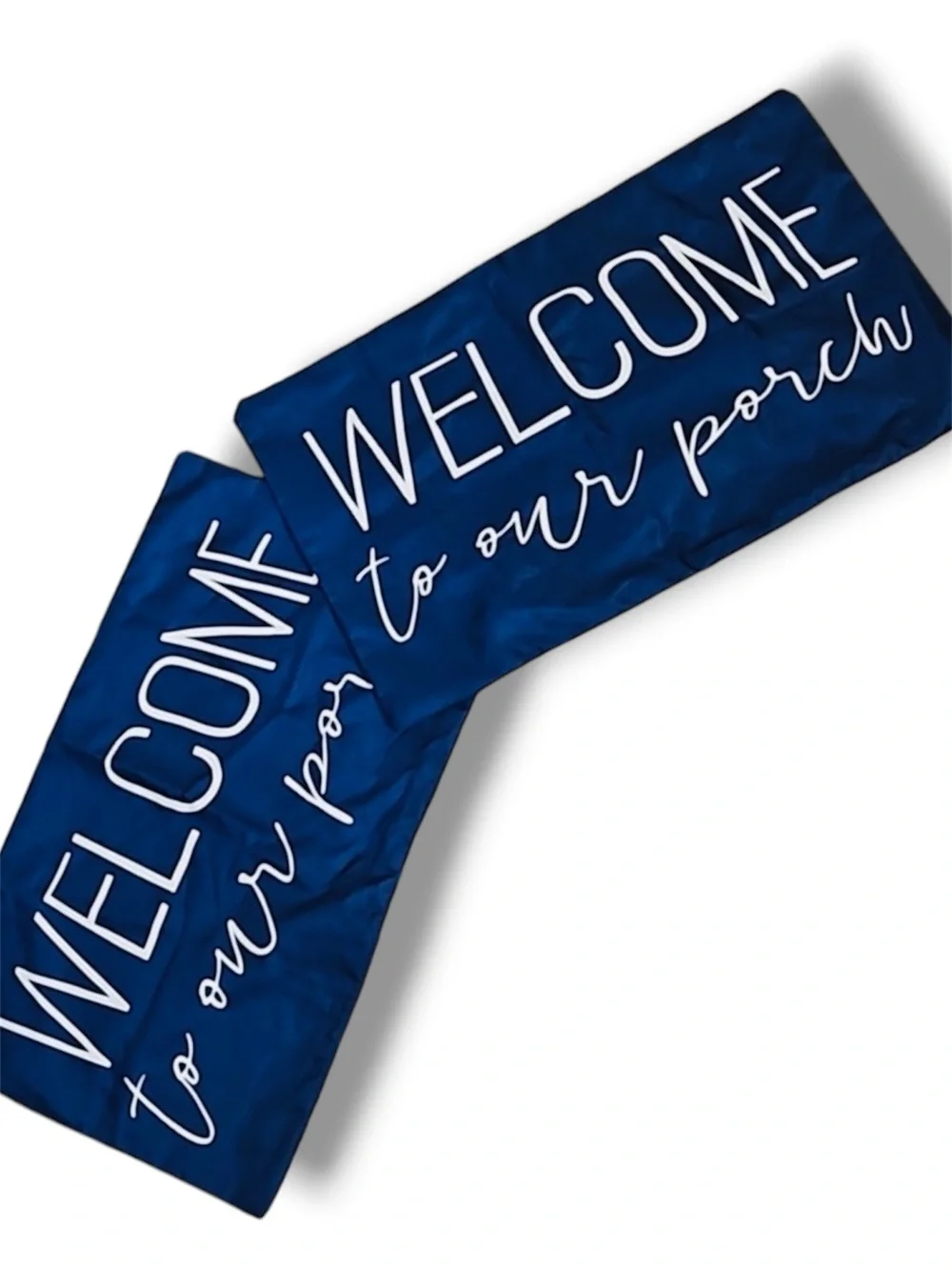 SET OF 2 ‘Welcome to Our Porch’ 20” Navy Blue & White Outdoor Pillows & Covers